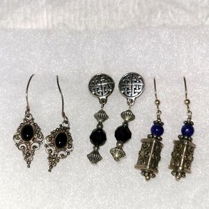 3PRS Vintage Art Deco Dangle Earrings:Silver-tone Filigree & Onyx, Navy Bead VGC